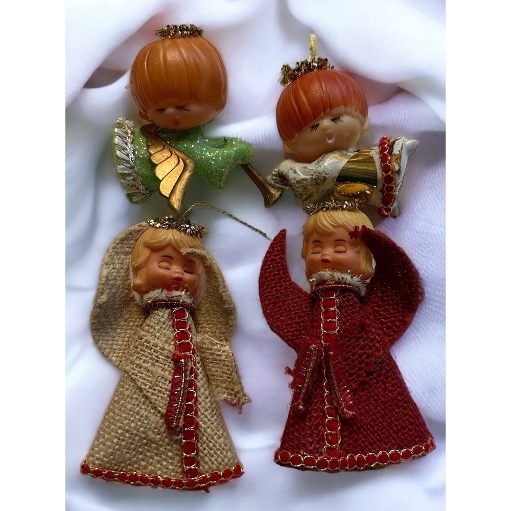 Vintage Christmas Ornaments Blow Mold Rubber Face Singing Musical Angels Lot 4